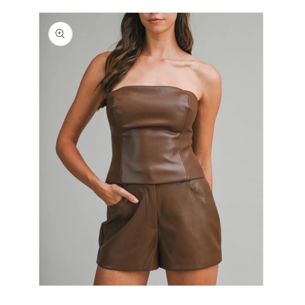 Brown Strapless Leather Top and Shorts